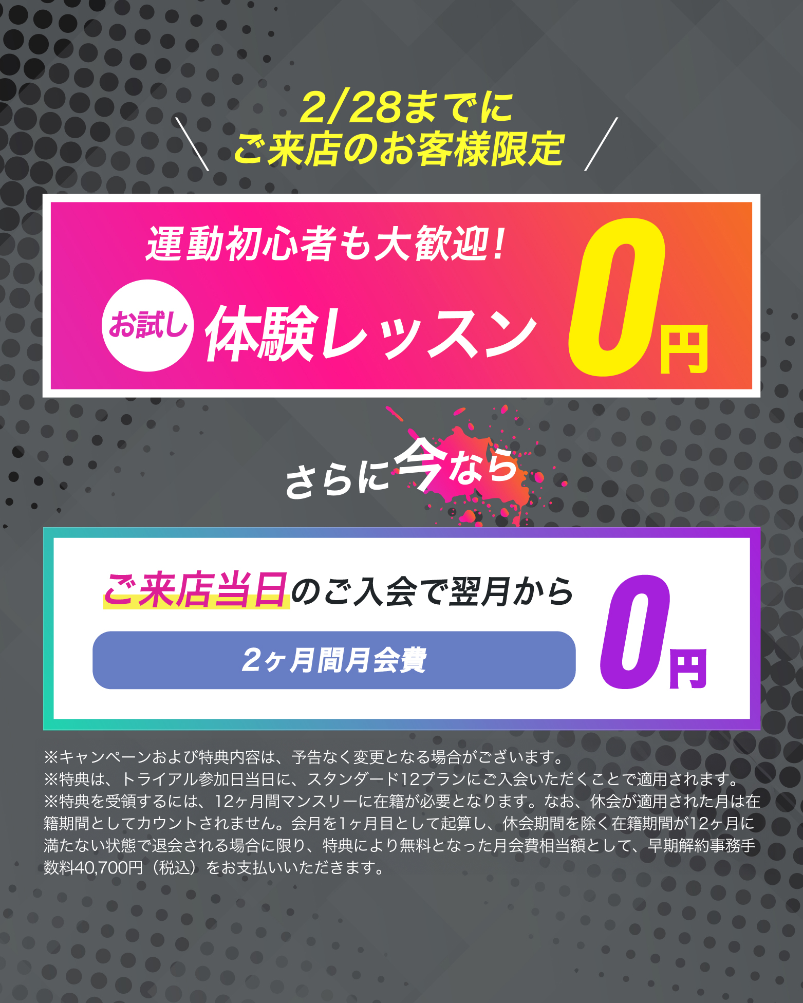 1月31日までにご来店のお客様限定！ご来店当日のご入会で2ヶ月目会費が...0円　お友達や恋人とペアでご入会で...初月会費1円！
	※キャンペーンおよび特典内容は、予告なく変更となる場合がございます。
	※特典は、トライアル参加日当日に、スタンダード12プランにご入会いただくことで適用されます。
	※特典は、入会月を含む12ヶ月間マンスリーもしくは、ロングプランに在籍が必要となります。なお、休会が適用された月は在籍期間としてカウントされません。入会月を含む12ヶ月以内に成立する退会を希望する場合は、早期解約事務手数料40,700円(税込)を別途お支払いいただきます。